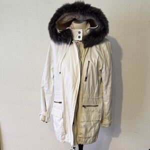 Vince Cream Utility Jacket with Fur Hood
